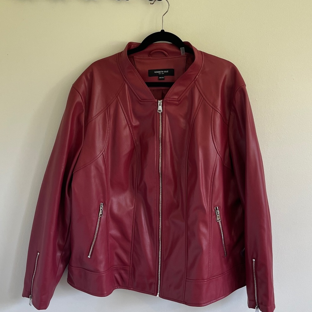 Kenneth Cole Red Leather Jacket with silver zipper details size 3X